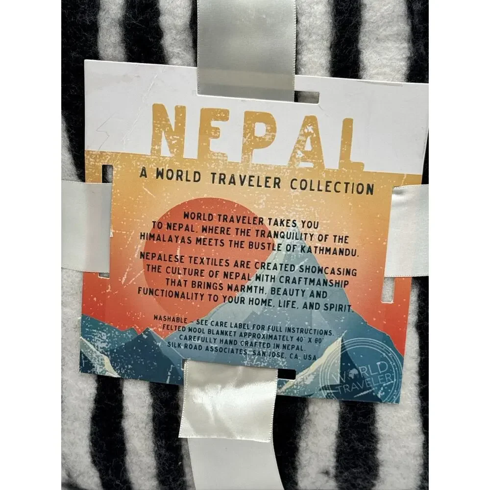 World Traveler Collection Nepal Felted Wool Blanket Black White Stripes 40x60